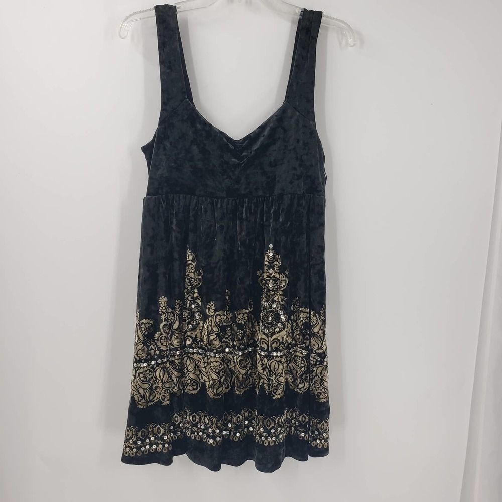 🩵FREE PEOPLE women's S black & gold velvet sequins mini dress